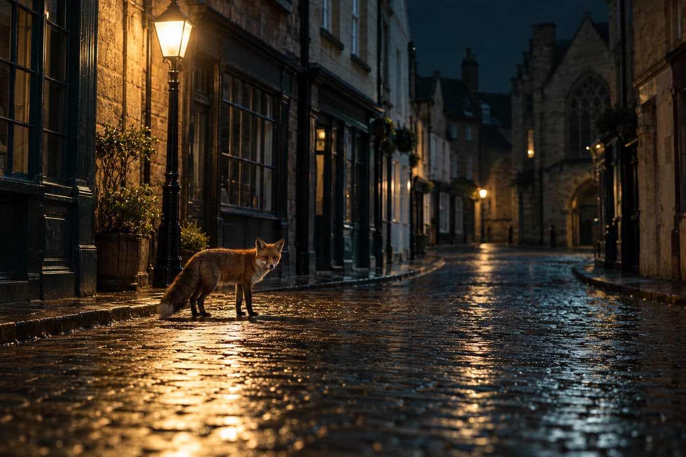 Sample: an AI-generated photo of a fox on a wet street at night